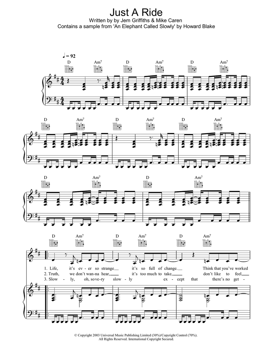 Just A Ride Piano, Vocal, Guitar scores gallery preview page 1