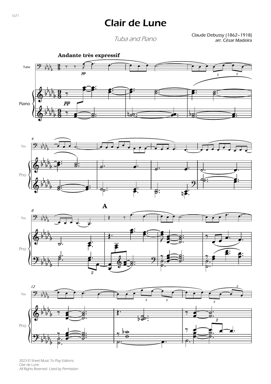 Clair de Lune by Debussy - Tuba and Piano (Full Score and Parts) Piano scores gallery preview page 2
