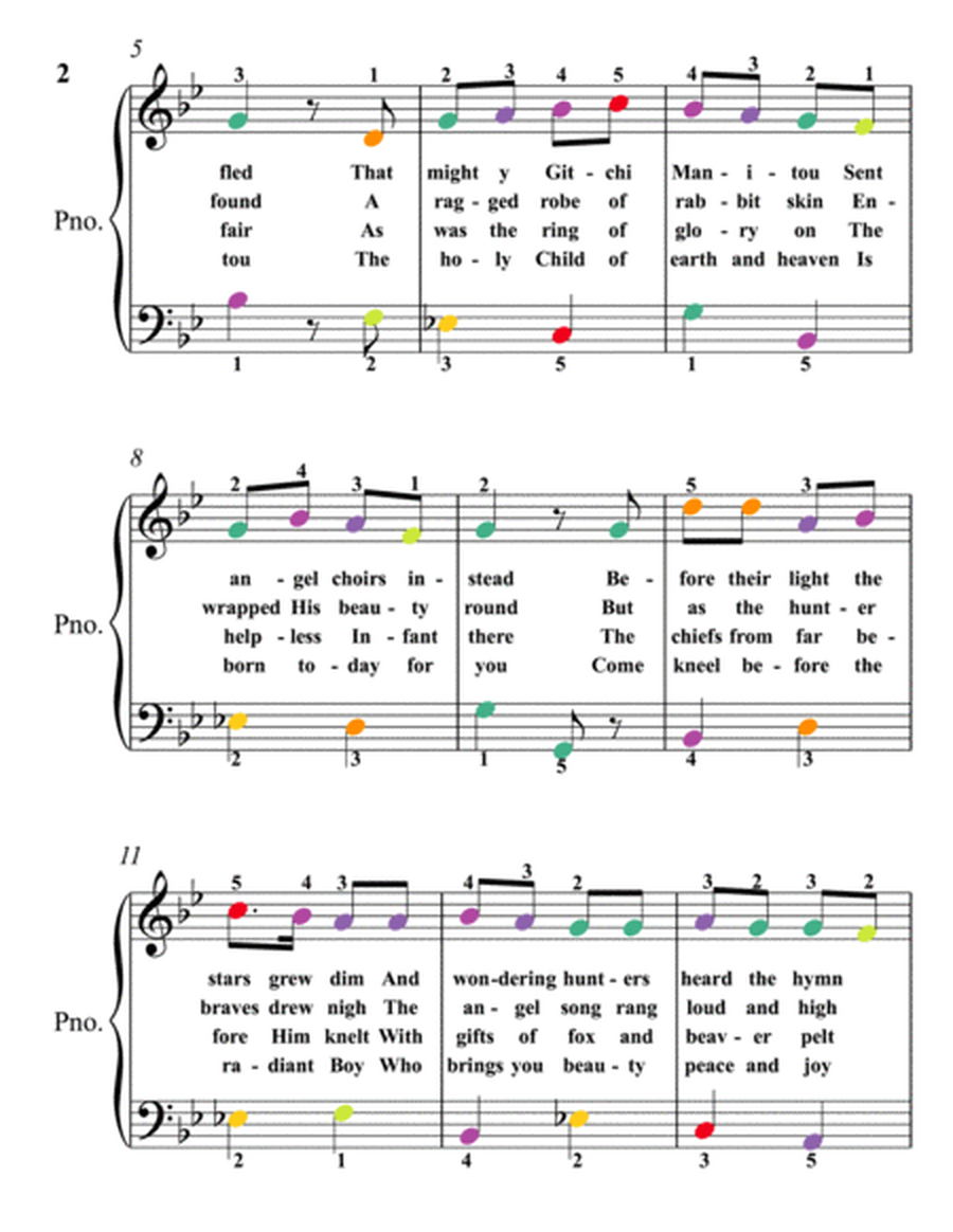 Huron Carol Twas In the Moon of Wintertime Easy Piano Sheet Music with Colored Noteheads