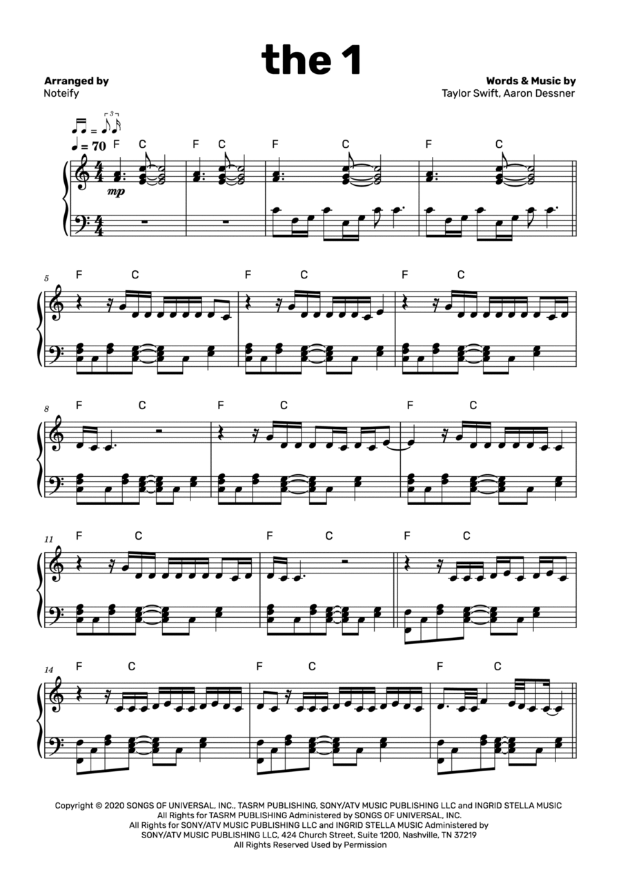 The 1 The 1 Piano Solo scores gallery preview page 1