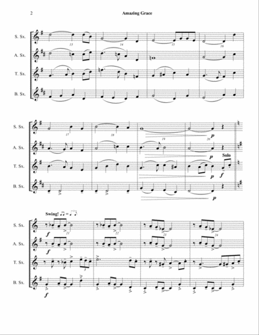 Amazing Grace - Saxophone Quartet (SATB or AATB) - Jazz Funeral Style Saxophone Quartet scores gallery preview page 2