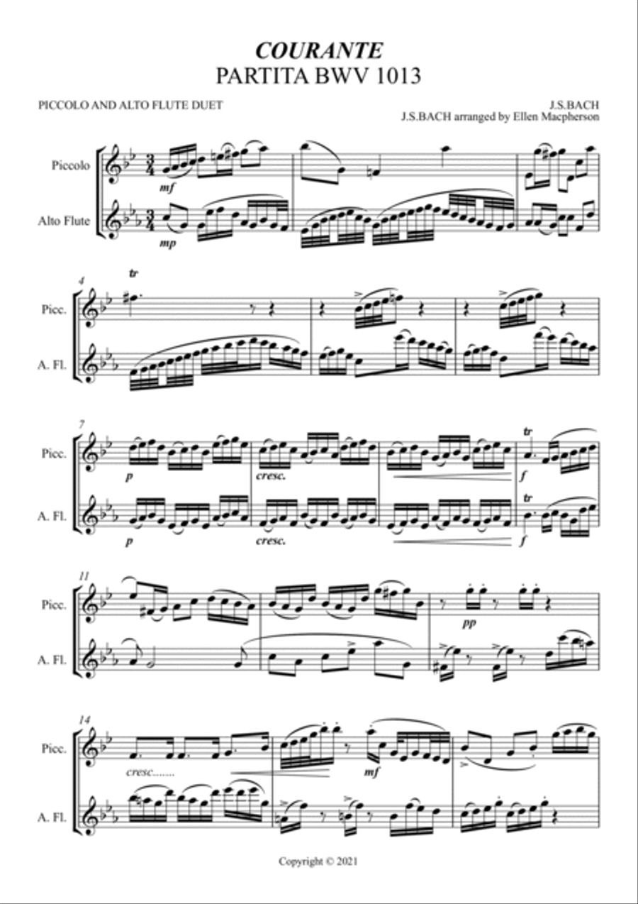 PARTITA BWV 1013 COURANTE by J.S.BACH arranged for Piccolo and Alto Flute by Johann Sebastian