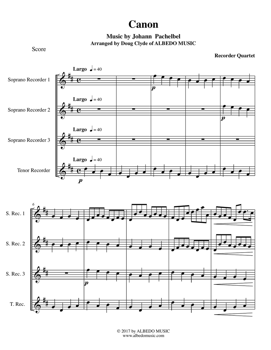 Pachelbel's Canon for Recorder Quartet Pachelbel's Canon for Recorder Quartet Woodwind Quartet scores gallery preview page 1