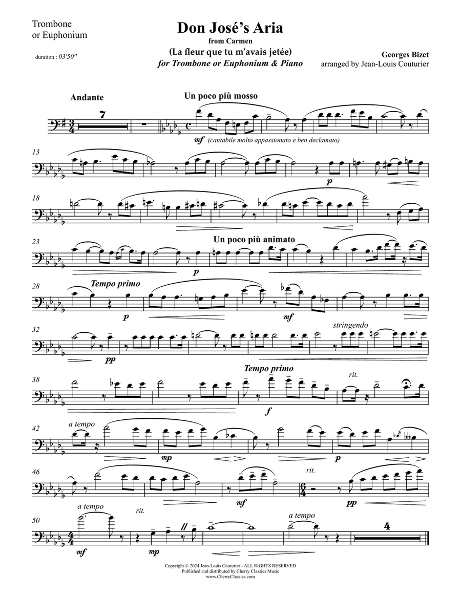 Don José's Aria from the opera Carmen for Trombone and Piano Piano scores gallery preview page 1