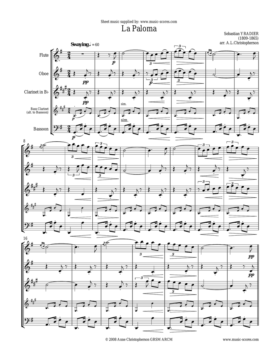 La Paloma - Wind Quartet for Flute, Oboe, Clarinet, and Bassoon or Bass Clarinet.