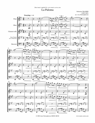 La Paloma - Wind Quartet for Flute, Oboe, Clarinet, and Bassoon or Bass Clarinet.