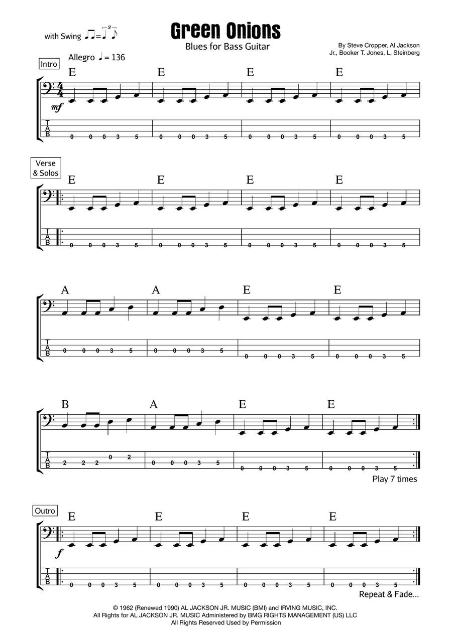 Green Onions Bass Guitar Tablature scores gallery preview page 1