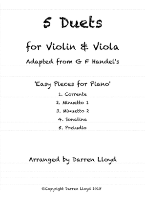 Book cover for 5 Duets for Violin & Viola. Adapted from G F Handel's 'Easy Pieces for Piano'