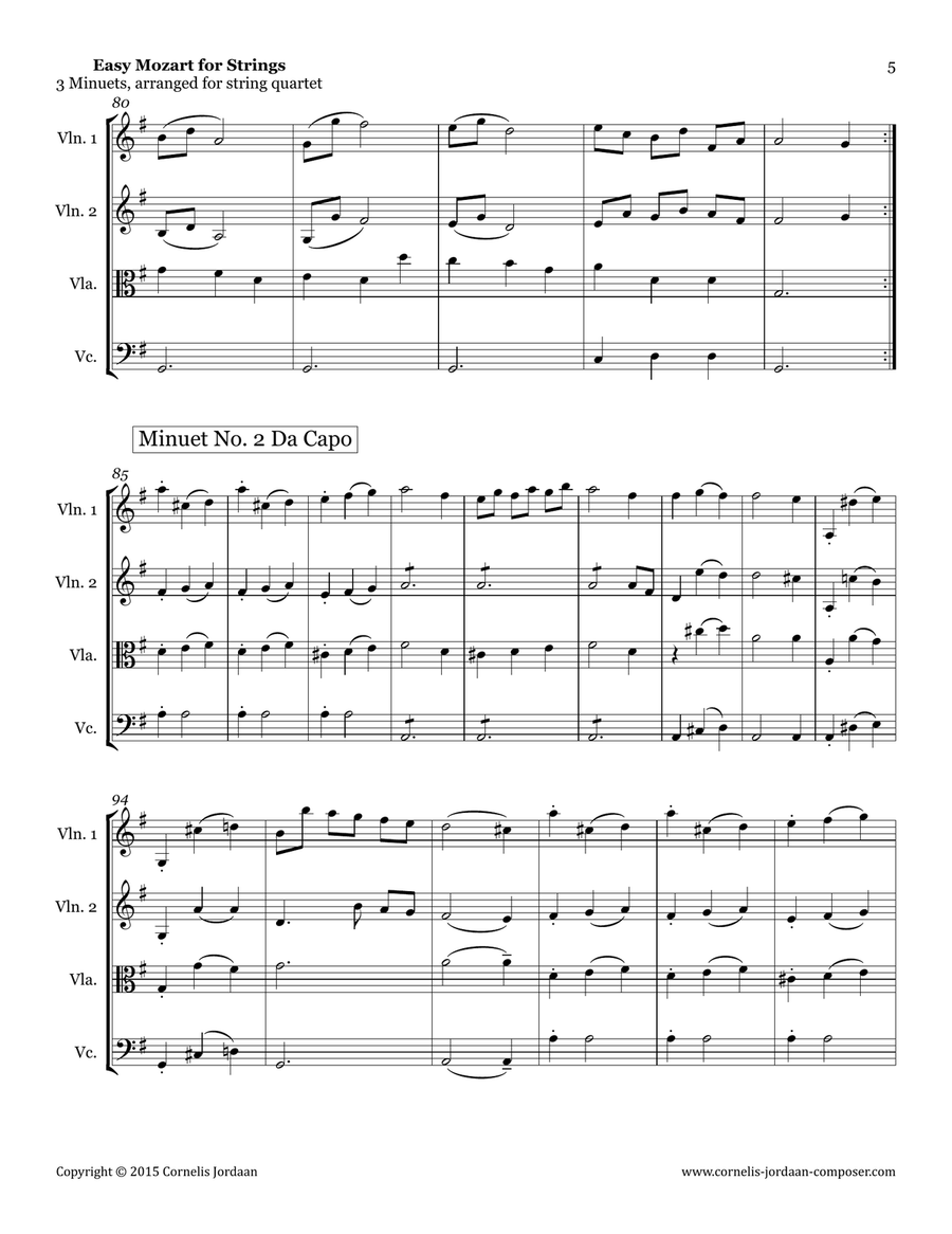 Easy Mozart for Strings - 3 Minuets, arranged for string quartet String Quartet scores gallery preview page 5