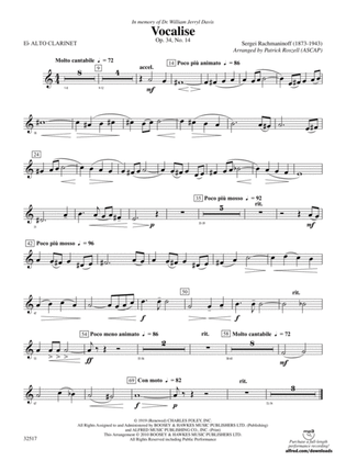 Book cover for Vocalise, Op. 34, No. 14: (wp) E-flat Alto Clarinet