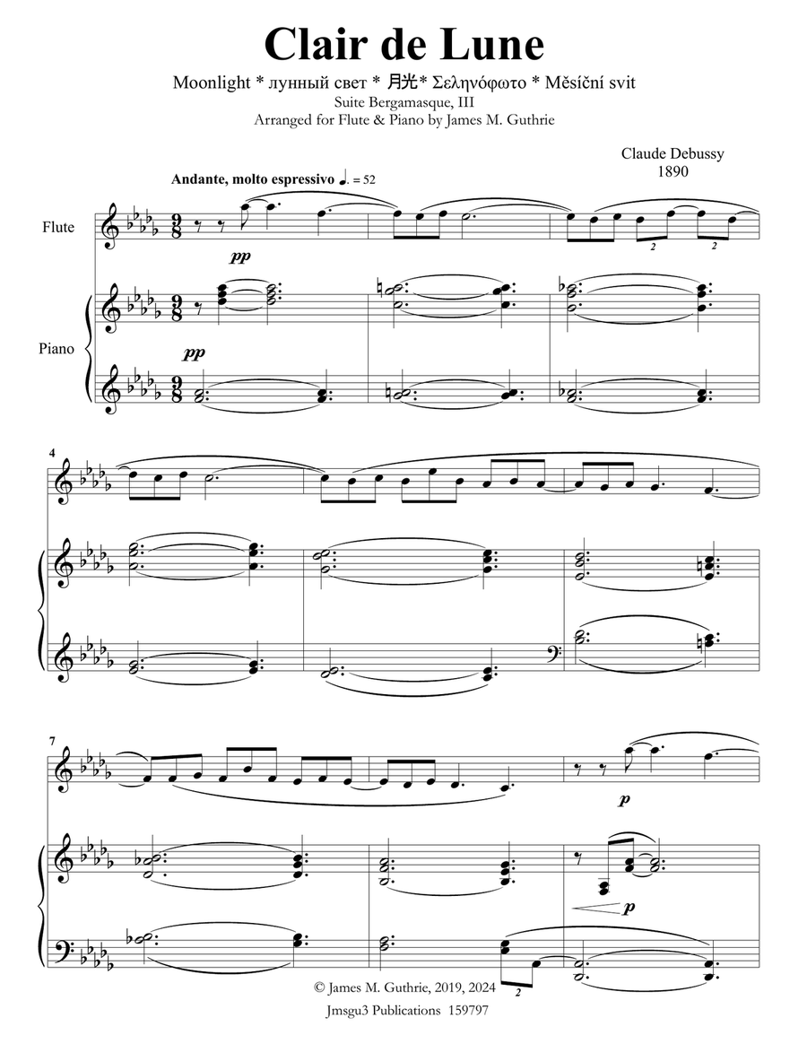Debussy: Claire de Lune for Flute & Piano Flute Solo scores gallery preview page 1