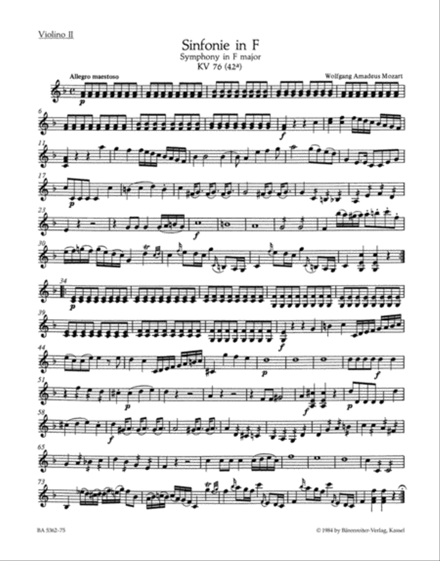 Symphony F major, KV 76(42a) Violin scores gallery preview page 1