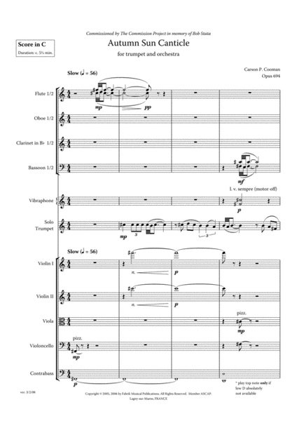 Carson Cooman: Autumn Sun Canticle (2006) for Bb or C trumpet and orchestra:, score and complete par
