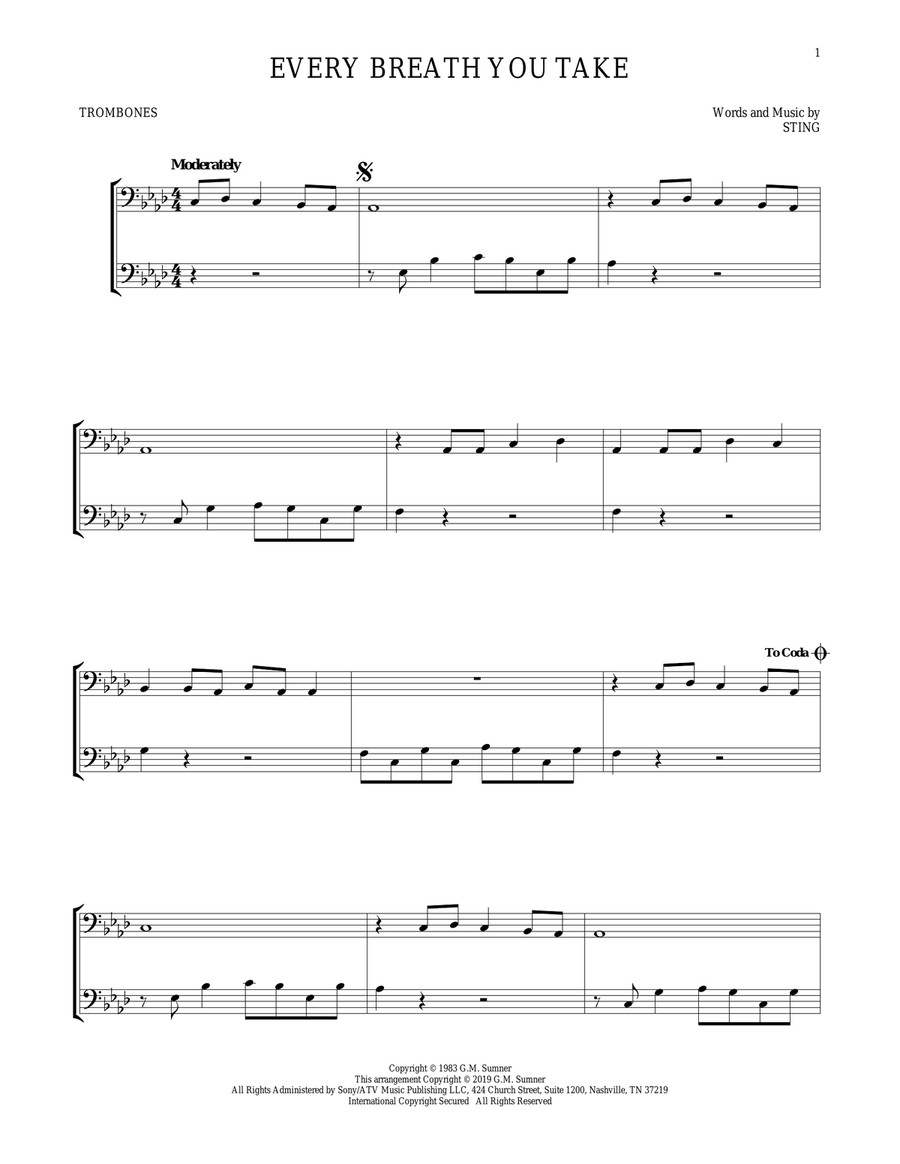 Every Breath You Take Trombone Duet scores gallery preview page 1