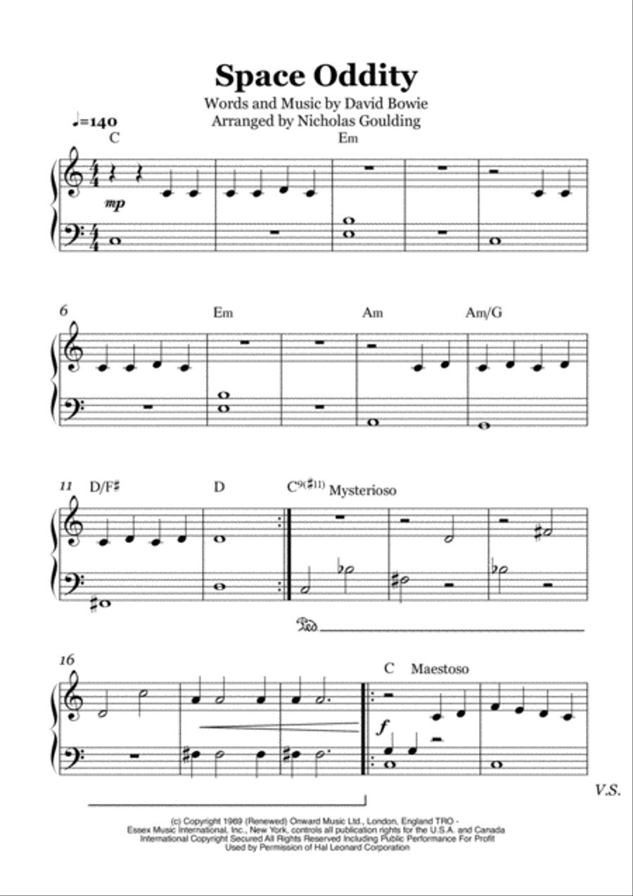 Space Oddity Easy Piano scores gallery preview page 1