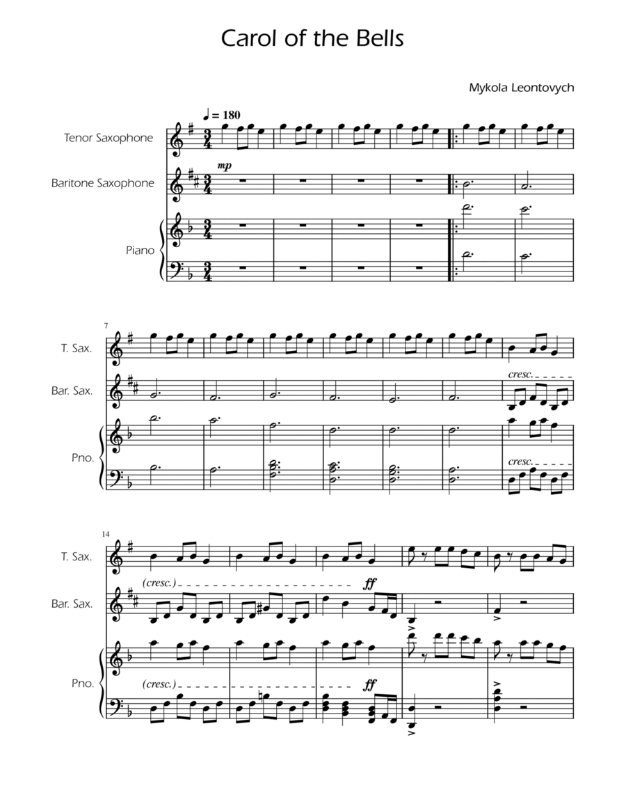 Carol of the Bells - Sax Duet w/ Piano Woodwind Duet scores gallery preview page 1