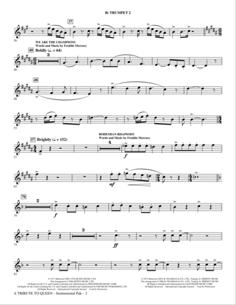 A Tribute To Queen (Medley) (arr. Mark Brymer) - Bb Trumpet 2 Choir scores gallery preview page 2