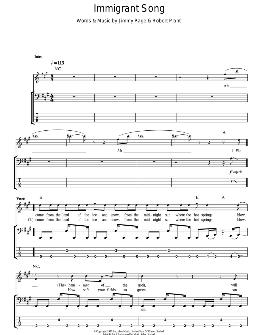 Immigrant Song Bass Guitar Tablature scores gallery preview page 1