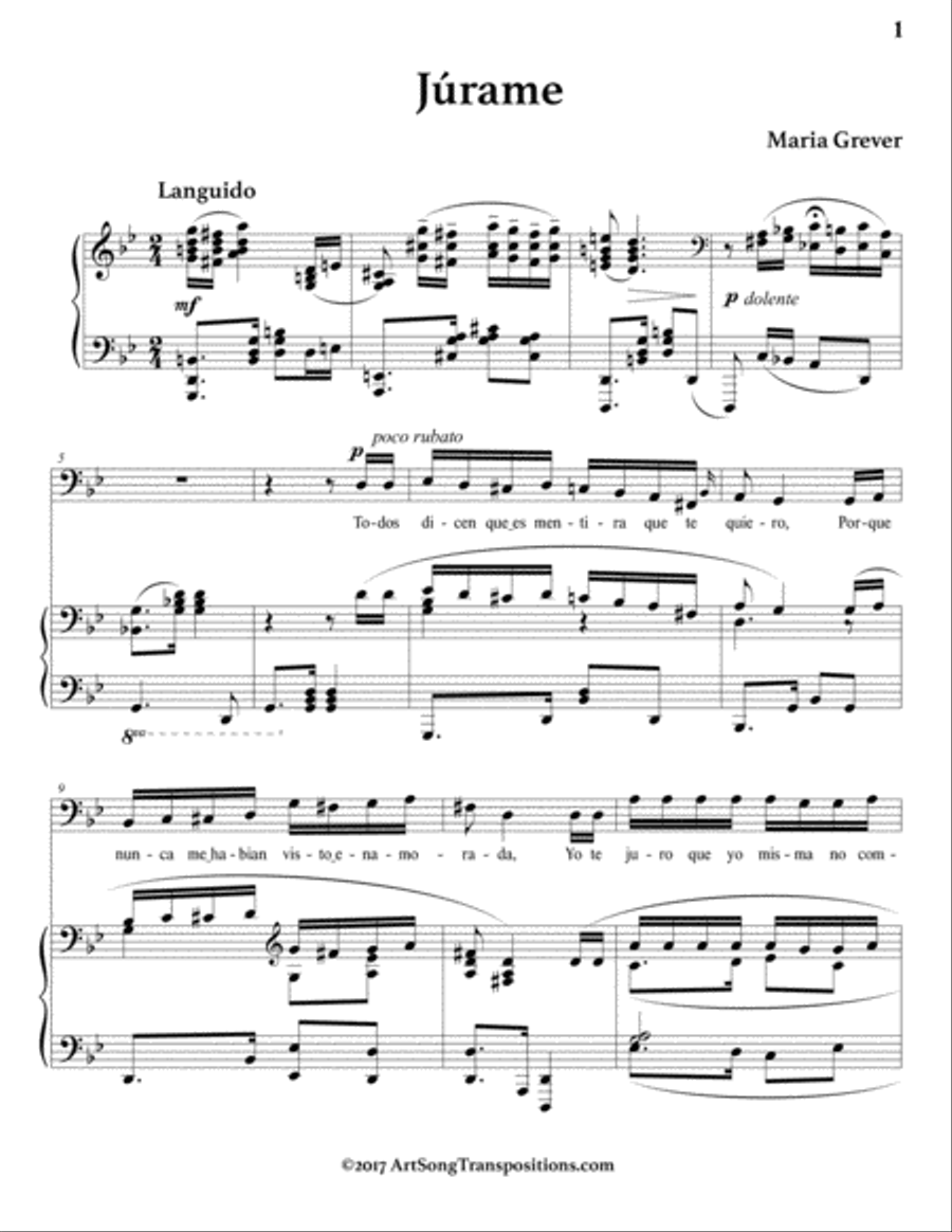 GREVER: Júrame (transposed to G minor, bass clef) Voice scores gallery preview page 2