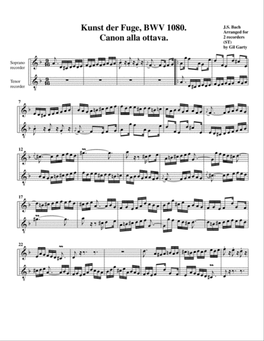 Canon 2 from Art of Fugue, BWV 1080 (arrangement for recorders) Woodwind Duet scores gallery preview page 2