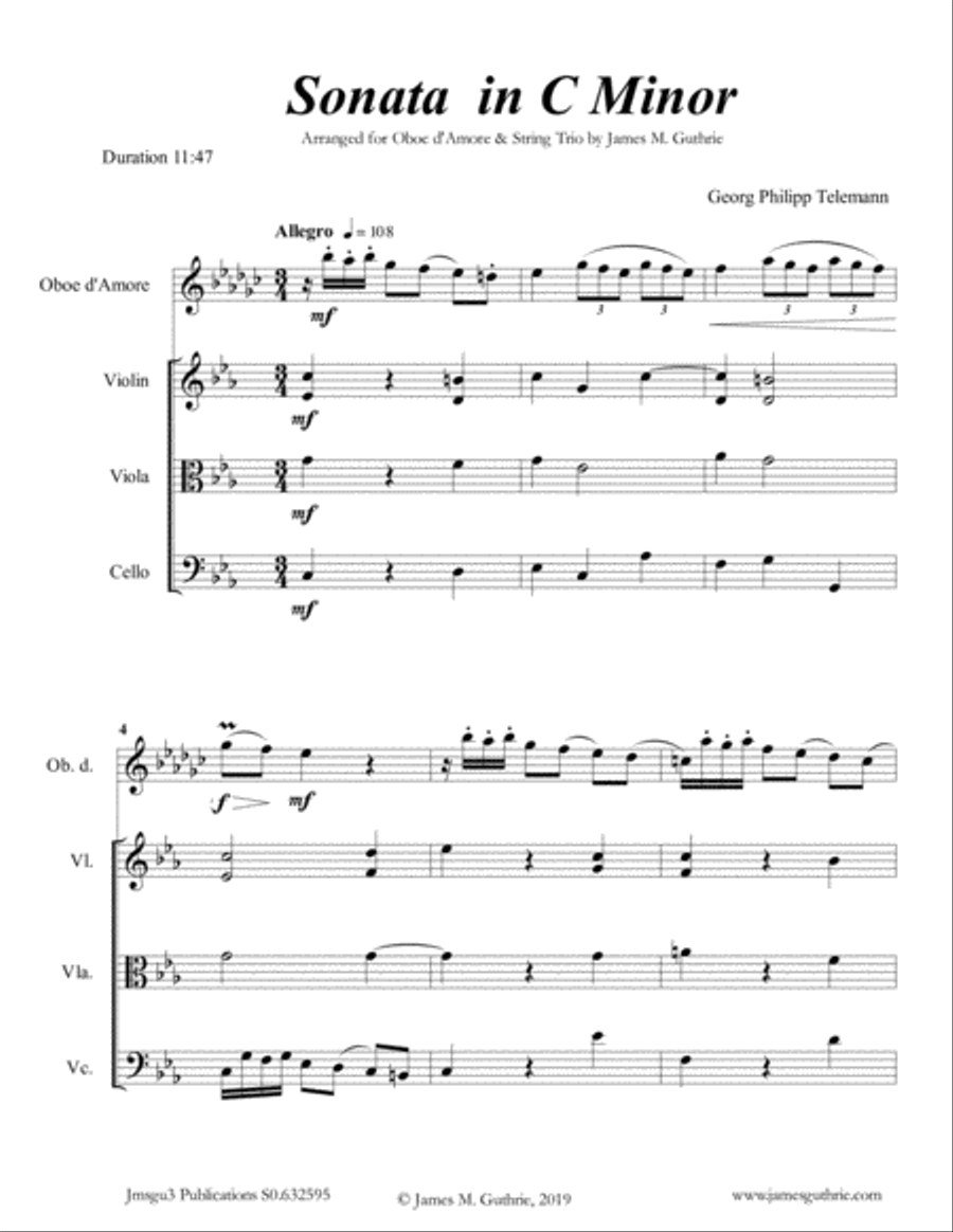 Telemann: Sonata in C Minor for Oboe d'Amore & String Trio Oboe scores gallery preview page 1