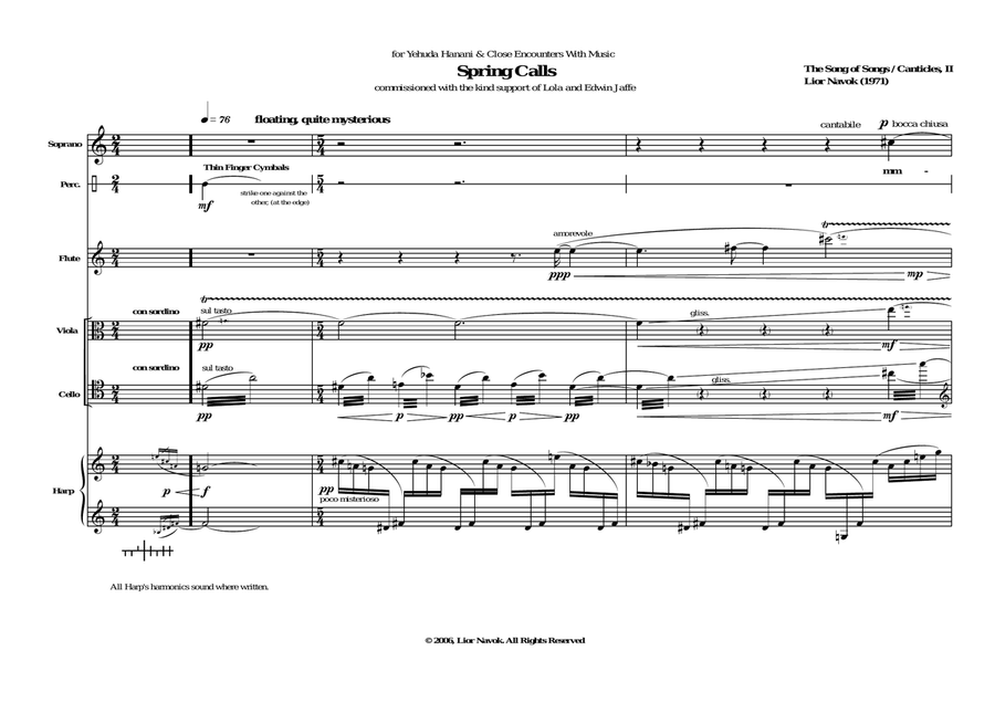 "Spring Calls" - for Soprano, Flute, Viola, Cello and Harp [Study Score] image number null