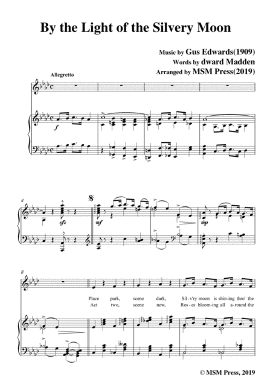 Gus Edwards-By the Light of the Silvery Moon,in A flat Major,for Voice&Piano Voice scores gallery preview page 3