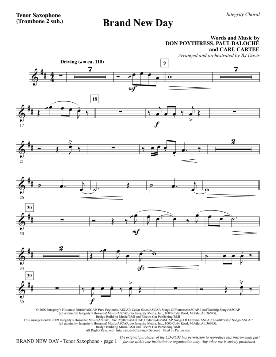 Brand New Day - Tenor Sax (Trombone 2 sub) Choir scores gallery preview page 1