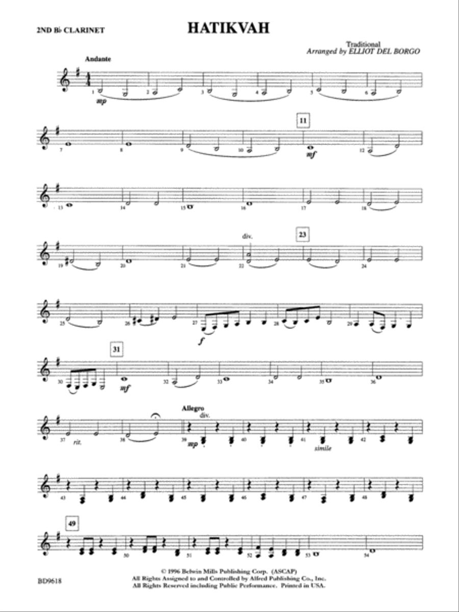 Hatikvah: 2nd B-flat Clarinet Concert Band scores gallery preview page 1