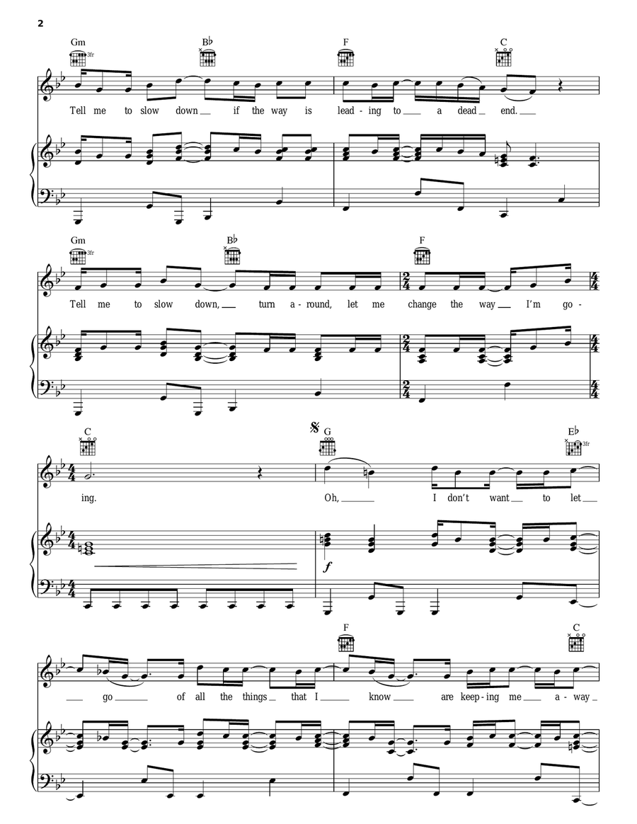 Slow Down Piano, Vocal, Guitar scores gallery preview page 2