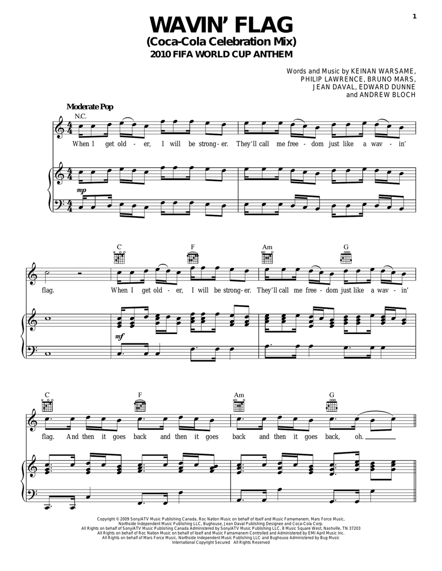 Wavin' Flag (Coca-Cola Celebration Mix) (2010 FIFA World Cup Anthem) Piano, Vocal, Guitar scores gallery preview page 1