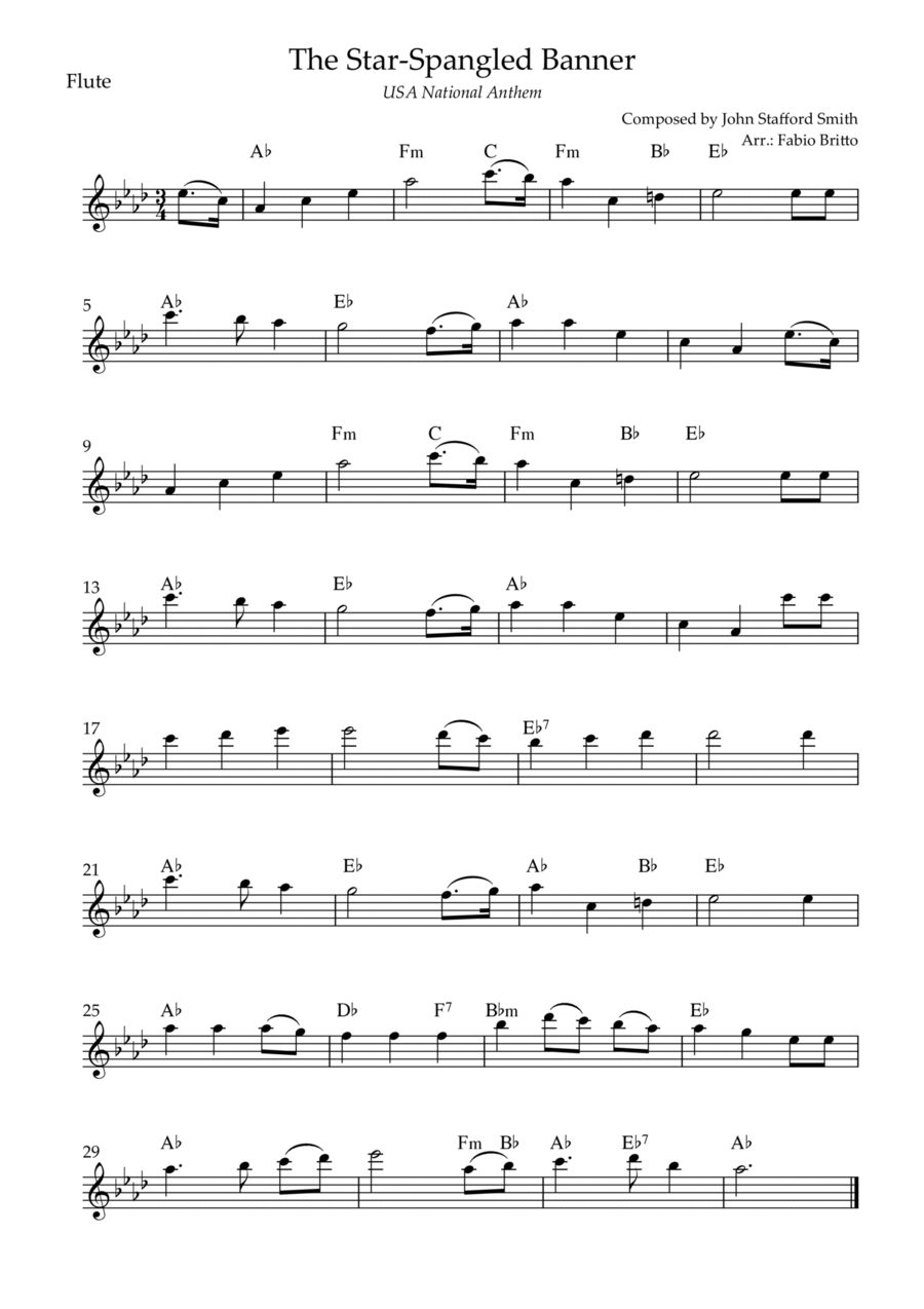 The Star Spangled Banner (USA National Anthem) for Flute Solo with Chords (Ab Major) Flute Solo scores gallery preview page 1