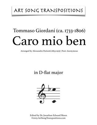 Book cover for GIORDANI: Caro mio ben (transposed to D-flat major)