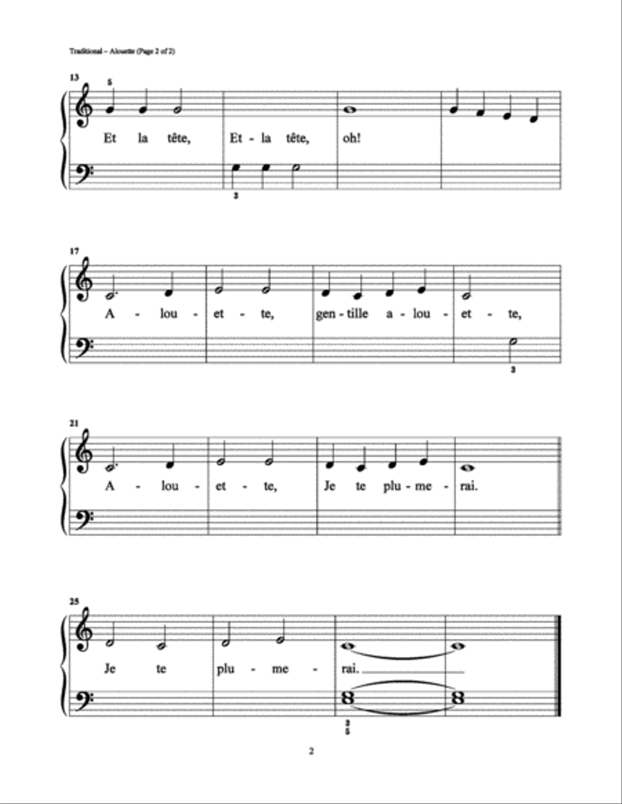 Alouette Easy Piano scores gallery preview page 2