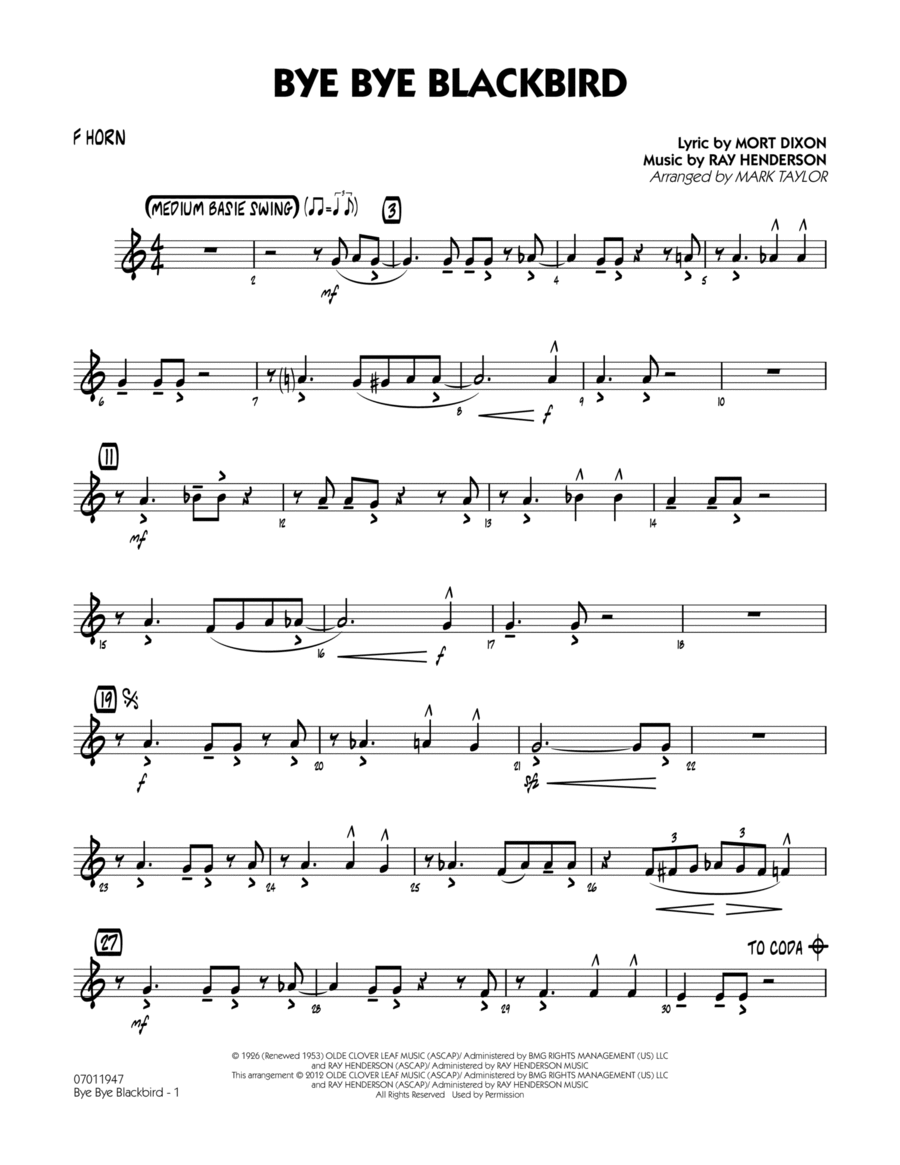 Bye Bye Blackbird - F Horn Jazz Ensemble scores gallery preview page 1
