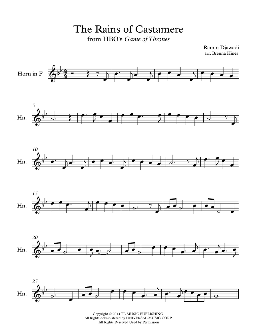 The Rains Of Castamere The Rains Of Castamere Horn Solo scores gallery preview page 1