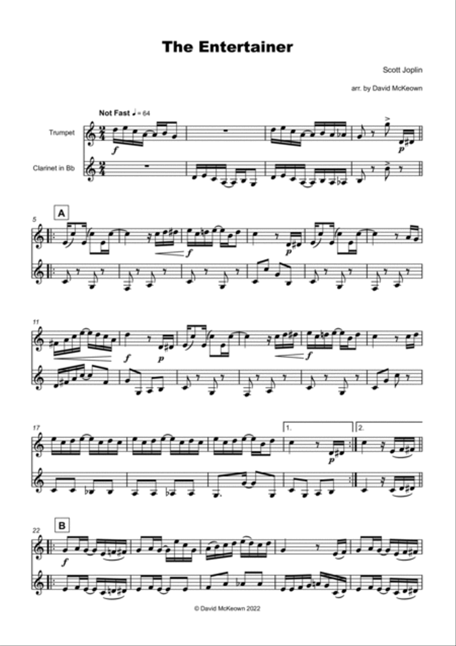 The Entertainer by Scott Joplin, Trumpet and Clarinet Duet Clarinet Duet scores gallery preview page 2