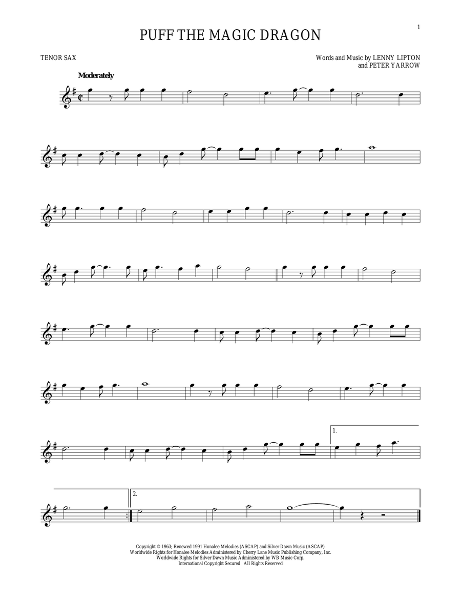 Puff The Magic Dragon Puff The Magic Dragon Tenor Saxophone scores gallery preview page 1