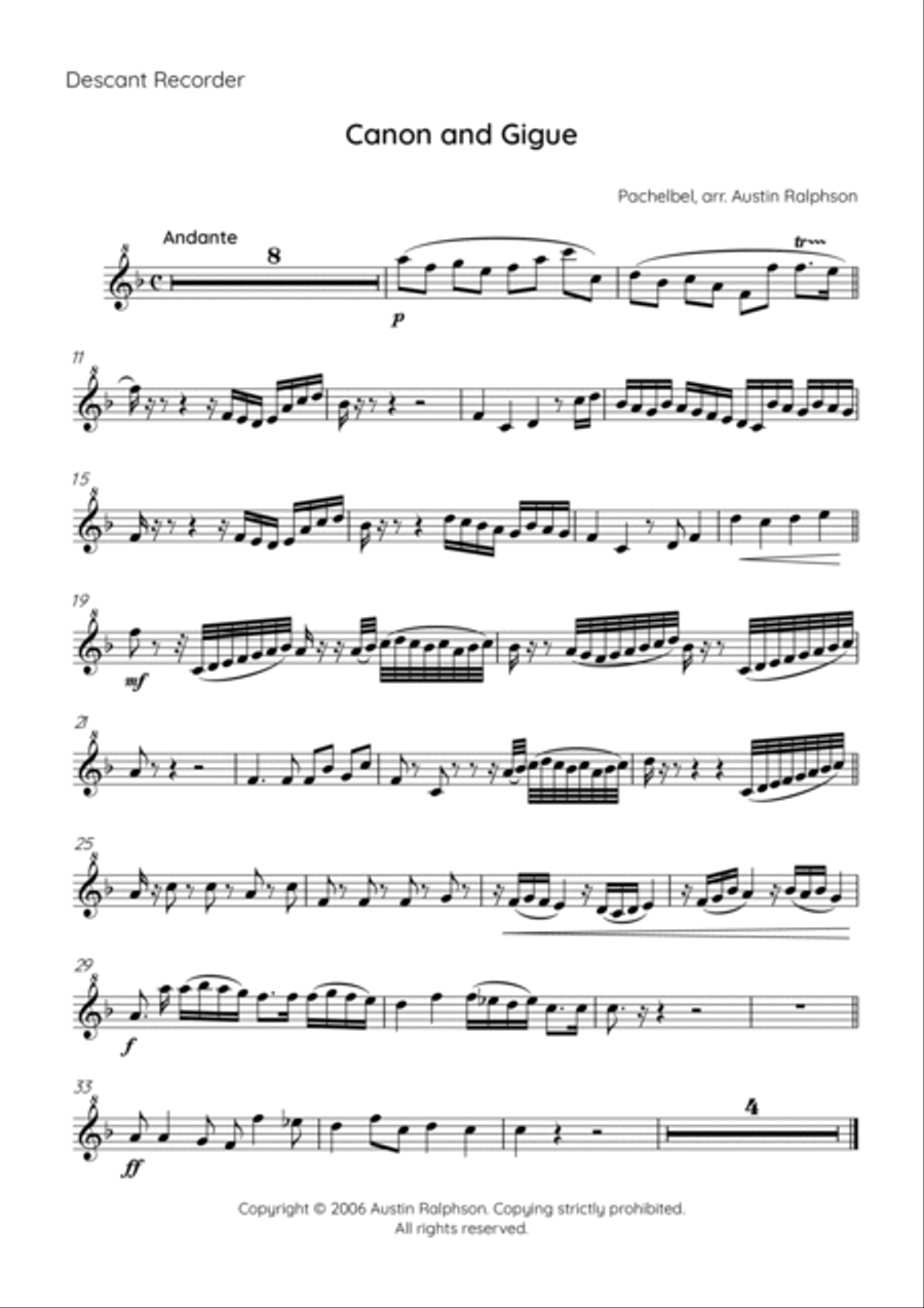 Canon and Gigue in D - recorder quintet Recorder scores gallery preview page 3