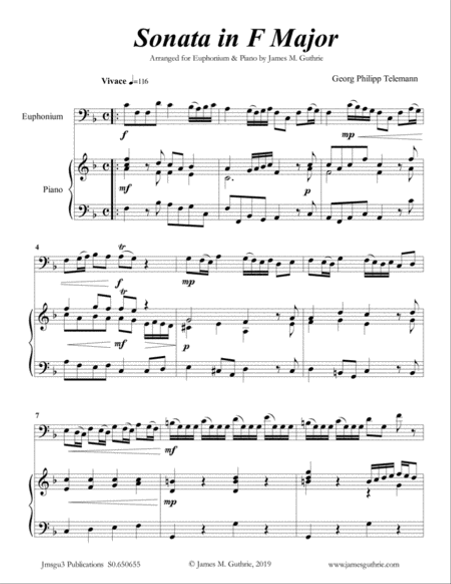 Telemann: Sonata in F Major for Euphonium & Piano Euphonium scores gallery preview page 1