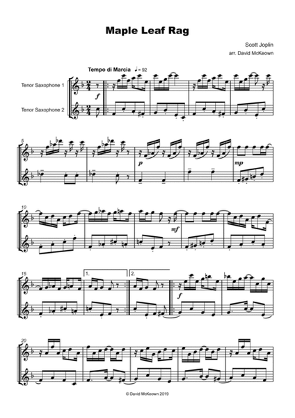 Maple Leaf Rag, by Scott Joplin, Tenor Saxophone Duet