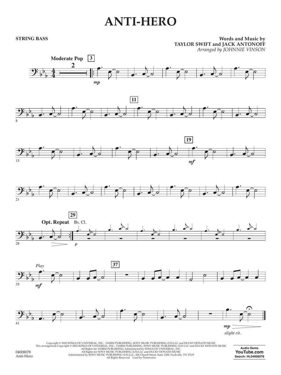 Anti-Hero (arr. Johnnie Vinson) - String Bass Concert Band scores gallery preview page 1