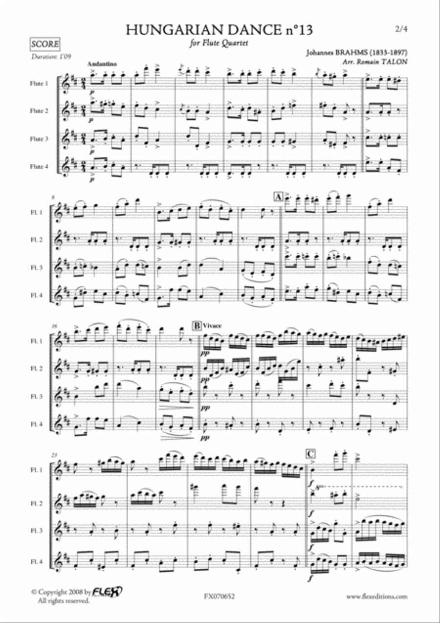 Hungarian Dance No. 13 Flute Quartet scores gallery preview page 2