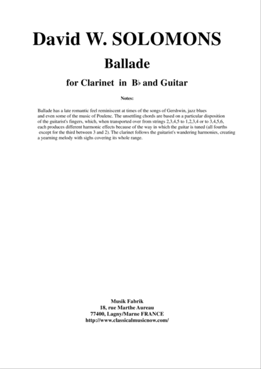 David W. Solomons: Ballade for Bb clarinet and guitar B-Flat Clarinet scores gallery preview page 1