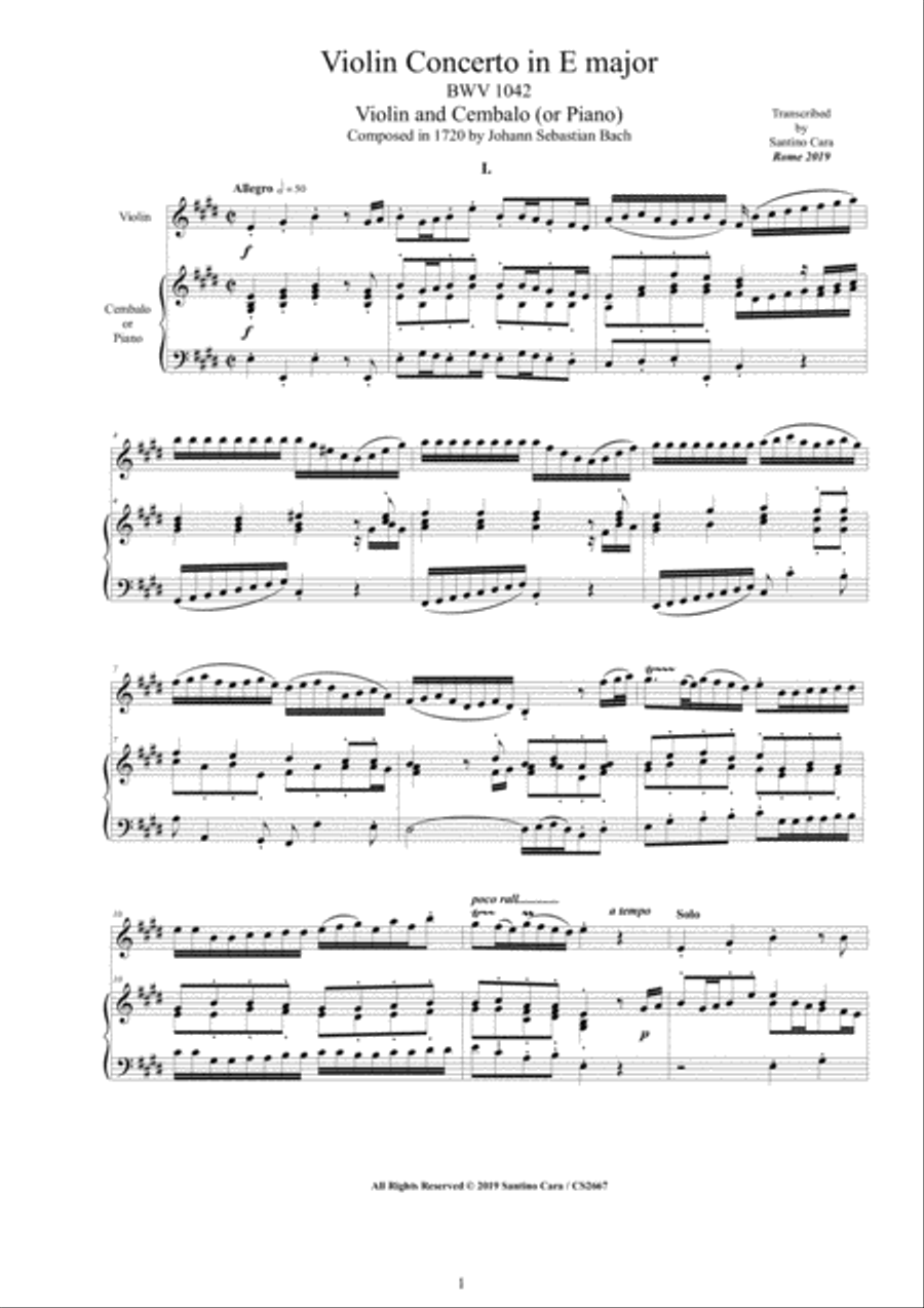 Bach - Violin Concerto in E major BWV 1042 for Violin and Cembalo (or Piano) String Duet scores gallery preview page 1