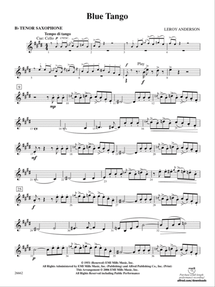 Blue Tango: B-flat Tenor Saxophone Full Orchestra scores gallery preview page 1