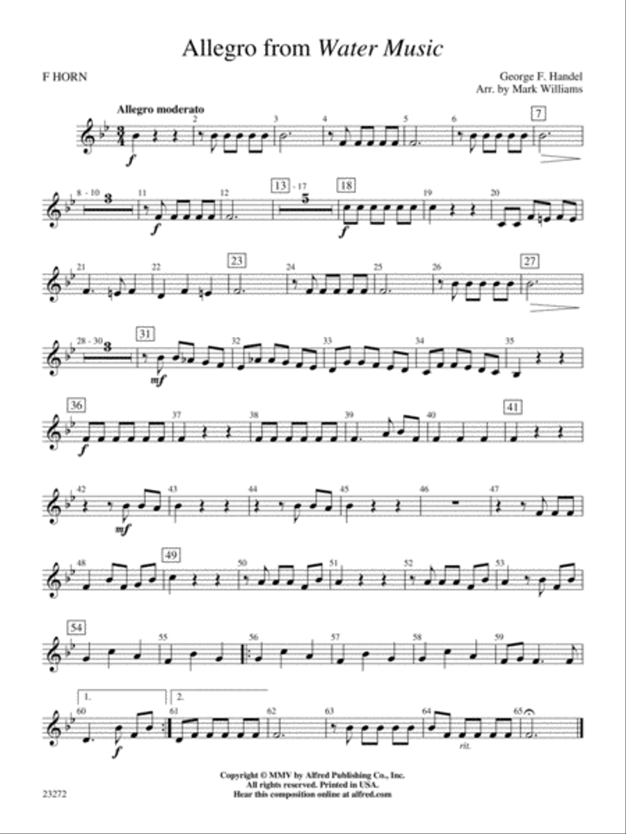 Allegro from Water Music: 1st F Horn Concert Band scores gallery preview page 1