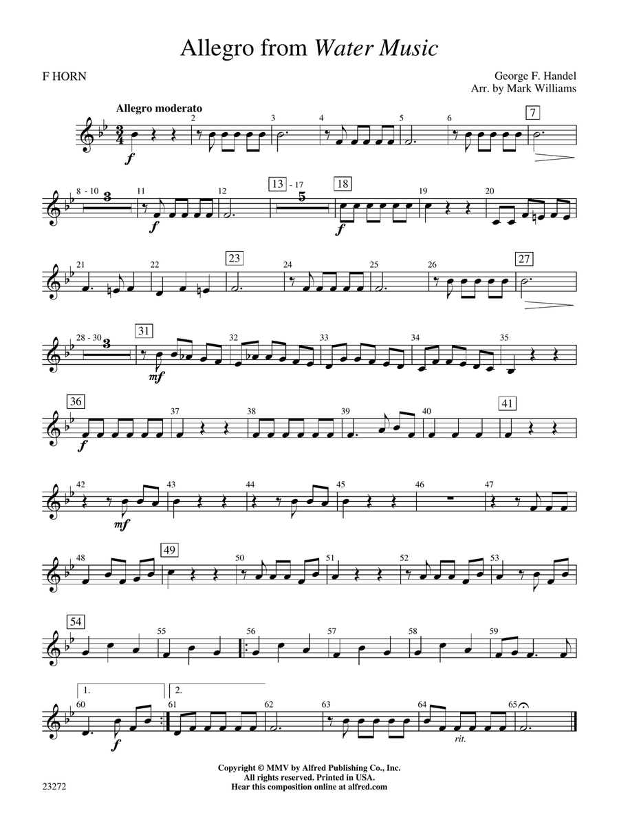 Allegro from Water Music: 1st F Horn
