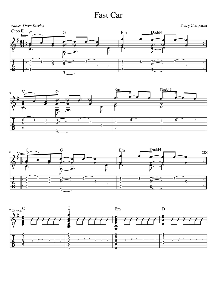 Fast Car Guitar Tablature scores gallery preview page 1