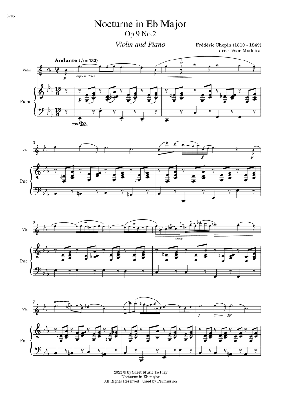 Nocturne Op.9 No.2 by Chopin - Violin and Piano (Full Score) Violin Solo scores gallery preview page 2